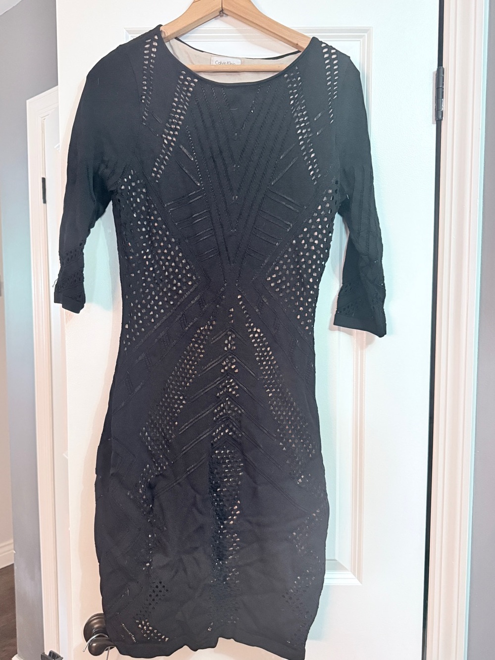Calvin Klein Black Geometric Open Knit Sheath Dress Size 12